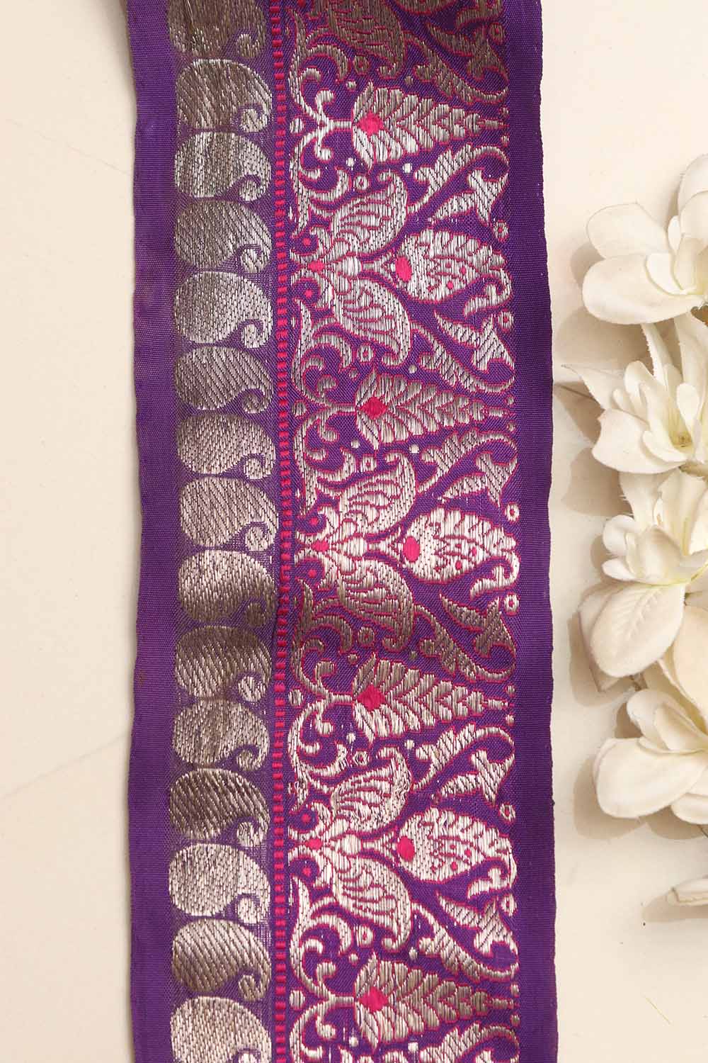 Exquisite Purple Banarasi Handloom Vintage Pure Silk Border Lace ( 1 Mtr ) - Luxurion World