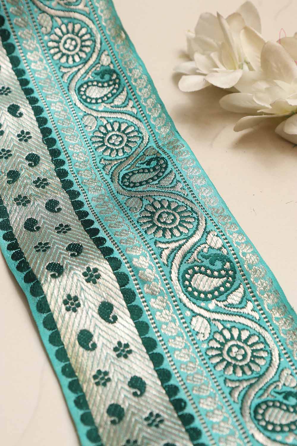 Blue Banarasi Handloom Vintage Pure Silk Border Lace ( 1 Mtr ) - Luxurion World