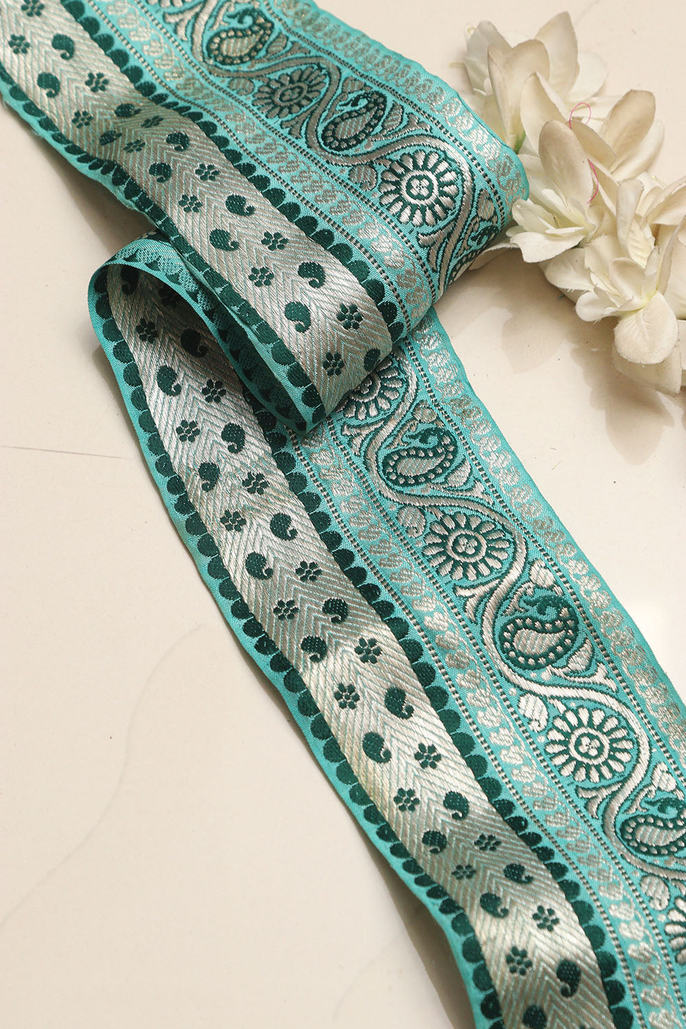 Blue Banarasi Handloom Vintage Pure Silk Border Lace ( 1 Mtr ) - Luxurion World