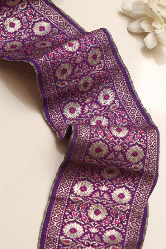 Exquisite Purple Banarasi Handloom Vintage Pure Silk Border Lace ( 1 Mtr ) - Luxurion World