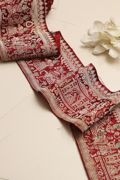 Red Banarasi Handloom Vintage Pure Silk Border Lace ( 1 Mtr ) - Luxurion World