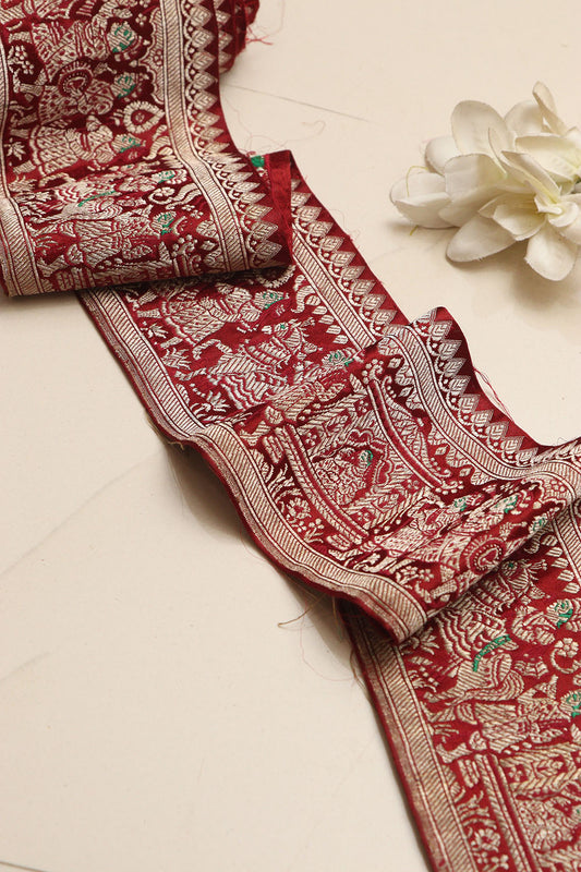 Red Banarasi Handloom Vintage Pure Silk Border Lace ( 1 Mtr ) - Luxurion World