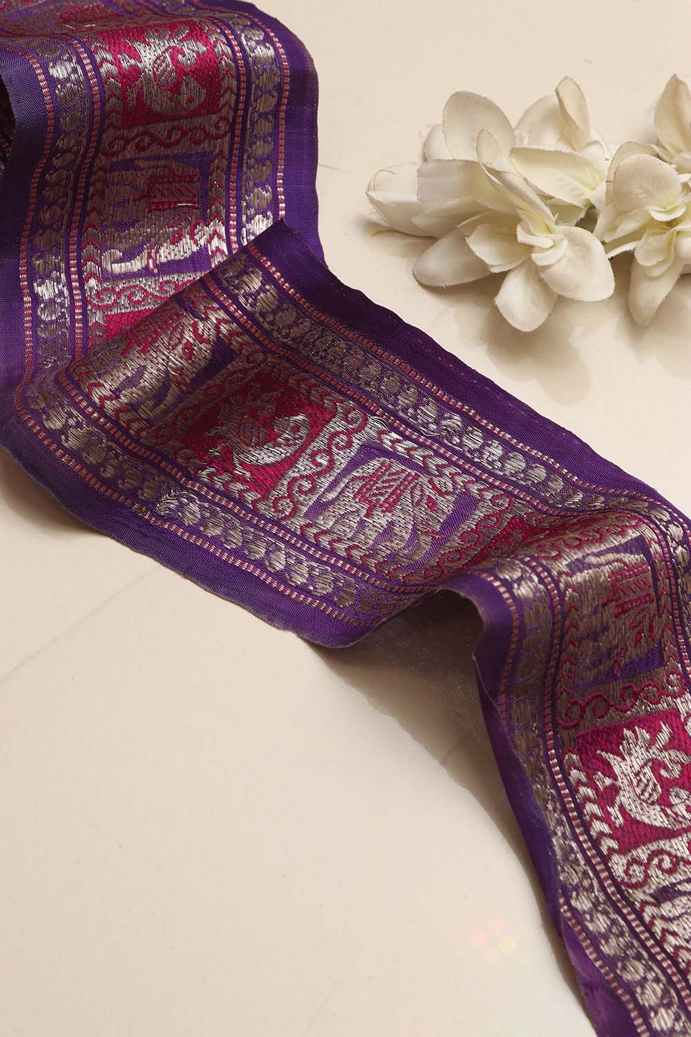 Exquisite Purple Banarasi Handloom Vintage Pure Silk Border Lace ( 1 Mtr ) - Luxurion World