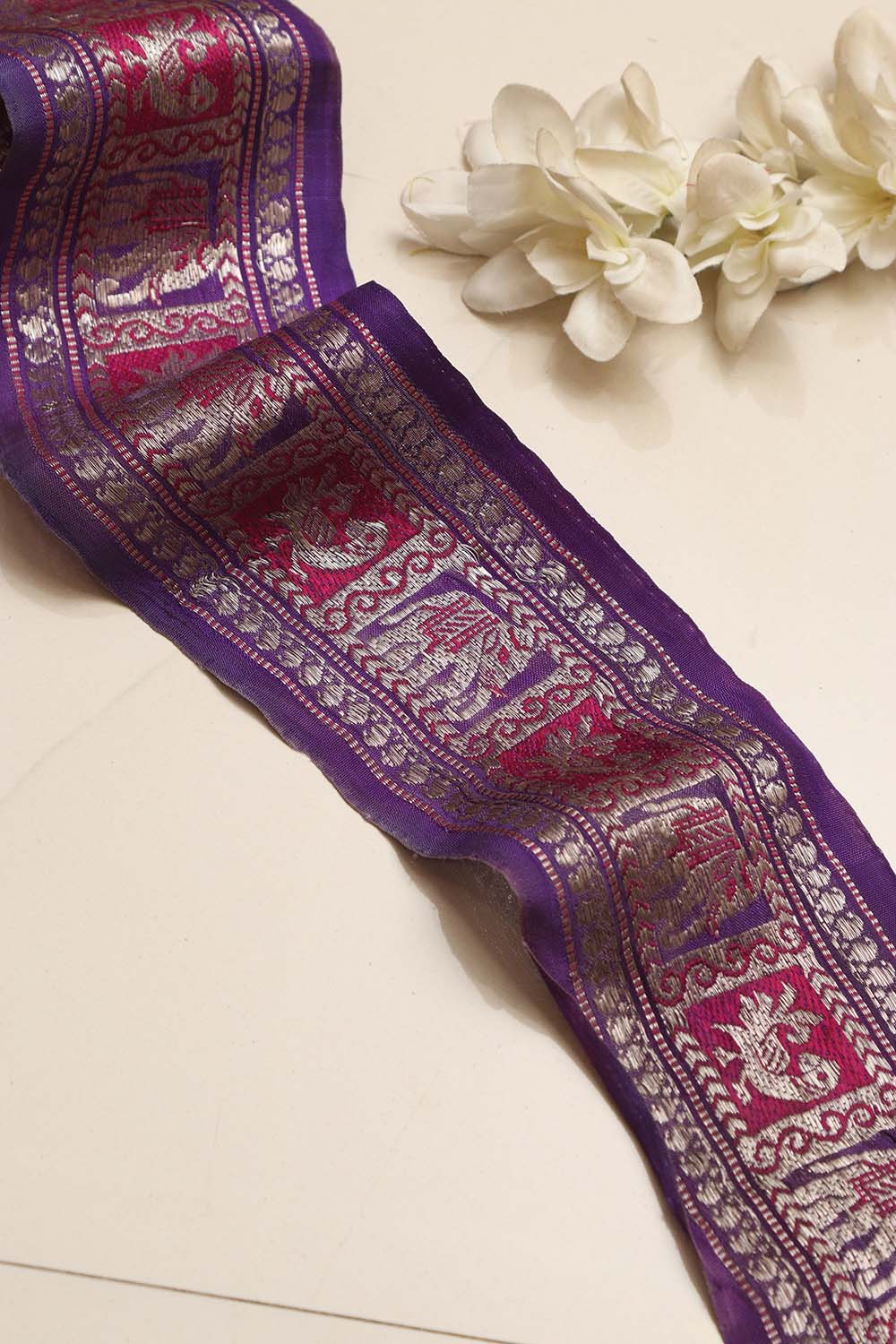 Exquisite Purple Banarasi Handloom Vintage Pure Silk Border Lace ( 1 Mtr ) - Luxurion World