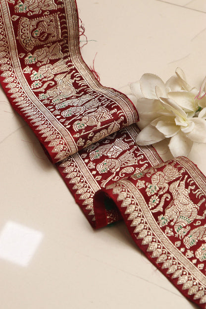 Maroon Banarasi Handloom Vintage Pure Silk Border Lace ( 1 Mtr ) - Luxurion World