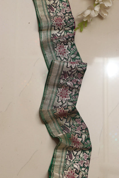 Green Banarasi Handloom Vintage Pure Silk Border Lace ( 1 Mtr ) - Luxurion World