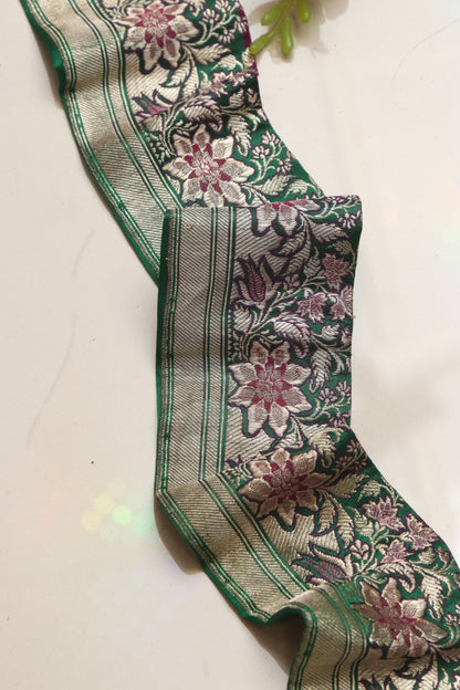 Green Banarasi Handloom Vintage Pure Silk Border Lace ( 1 Mtr ) - Luxurion World