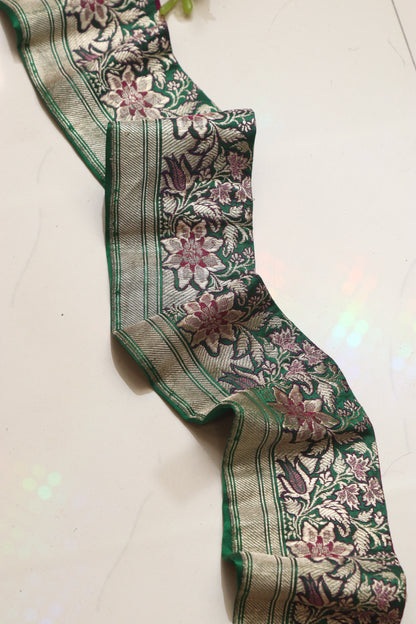 Green Banarasi Handloom Vintage Pure Silk Border Lace ( 1 Mtr ) - Luxurion World