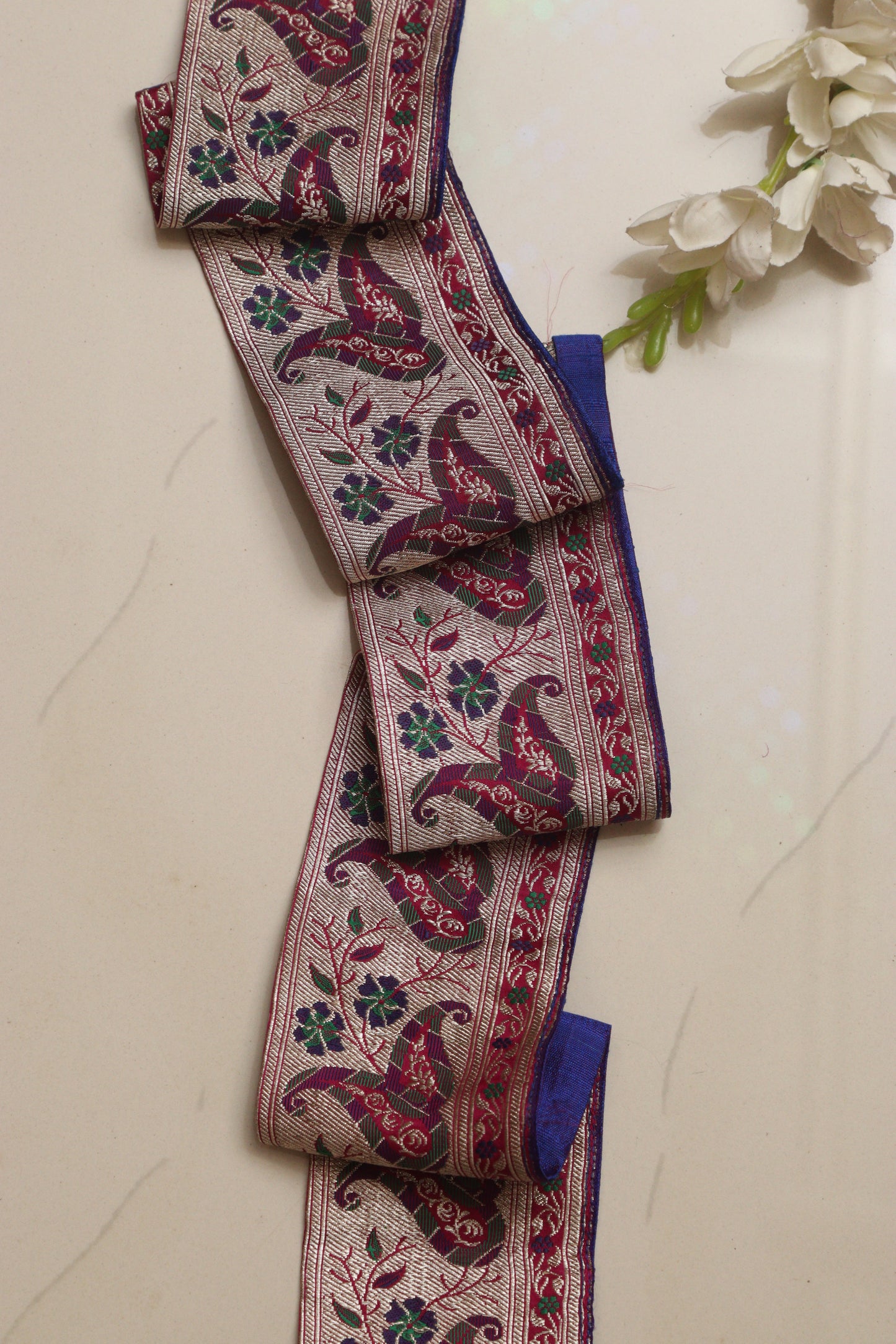 Blue Banarasi Handloom Vintage Pure Silk Border Lace ( 1 Mtr ) - Luxurion World