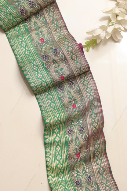 Green Banarasi Handloom Vintage Pure Silk Border Lace ( 1 Mtr ) - Luxurion World