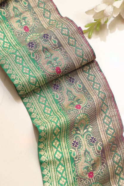 Green Banarasi Handloom Vintage Pure Silk Border Lace ( 1 Mtr ) - Luxurion World