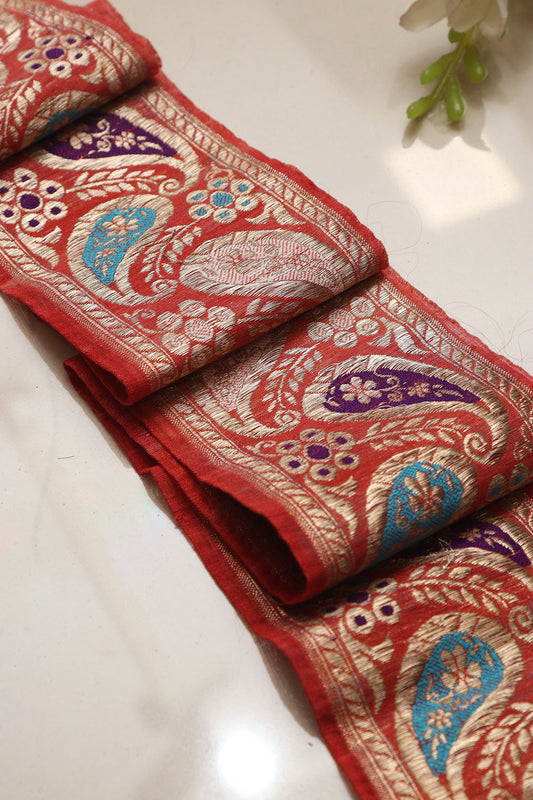 Orange Banarasi Handloom Vintage Pure Silk Border Lace ( 1 Mtr ) - Luxurion World