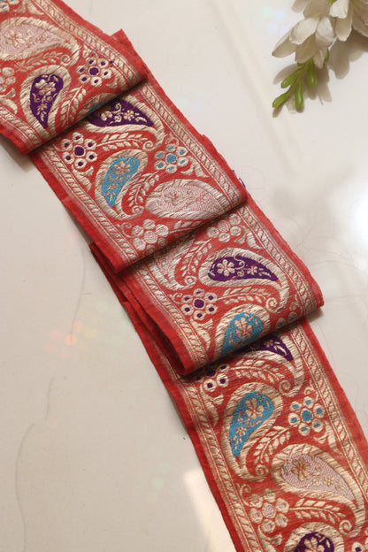 Orange Banarasi Handloom Vintage Pure Silk Border Lace ( 1 Mtr ) - Luxurion World