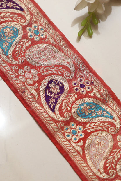 Orange Banarasi Handloom Vintage Pure Silk Border Lace ( 1 Mtr ) - Luxurion World