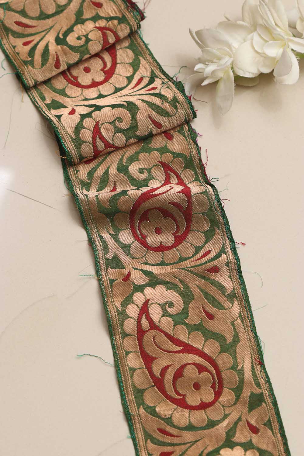 Green Banarasi Handloom Vintage Pure Silk Border Lace ( 1 Mtr ) - Luxurion World