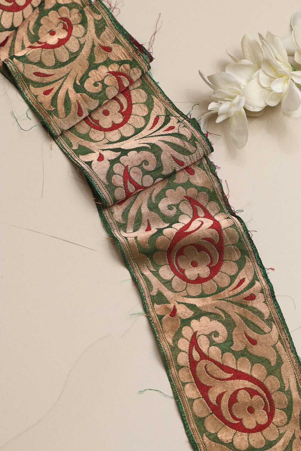 Green Banarasi Handloom Vintage Pure Silk Border Lace ( 1 Mtr ) - Luxurion World