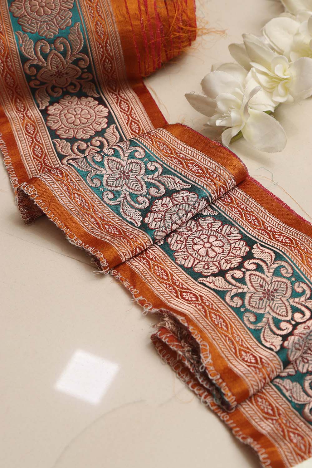 Orange Banarasi Handloom Vintage Pure Silk Border Lace ( 1 Mtr ) - Luxurion World