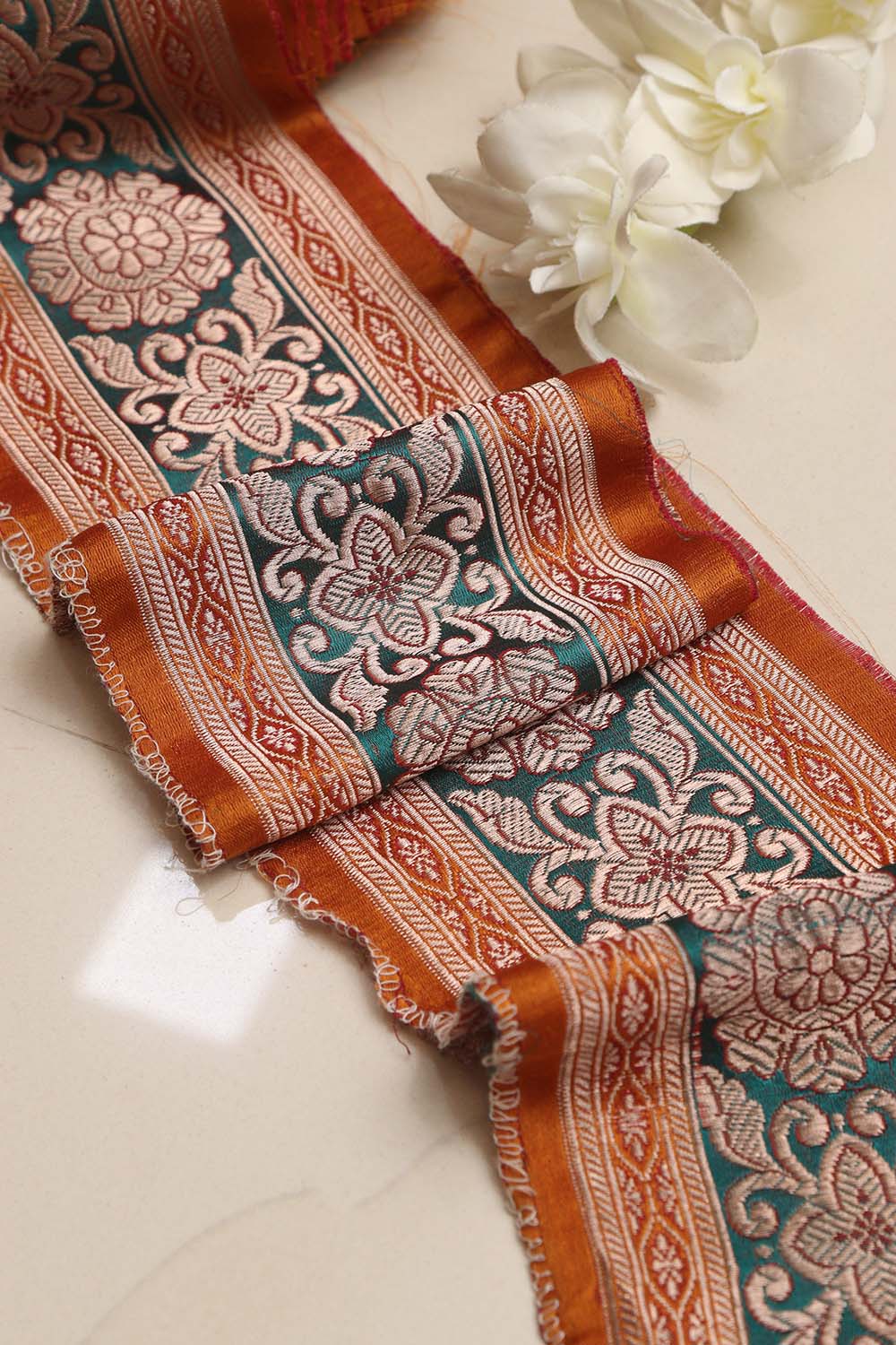 Orange Banarasi Handloom Vintage Pure Silk Border Lace ( 1 Mtr ) - Luxurion World