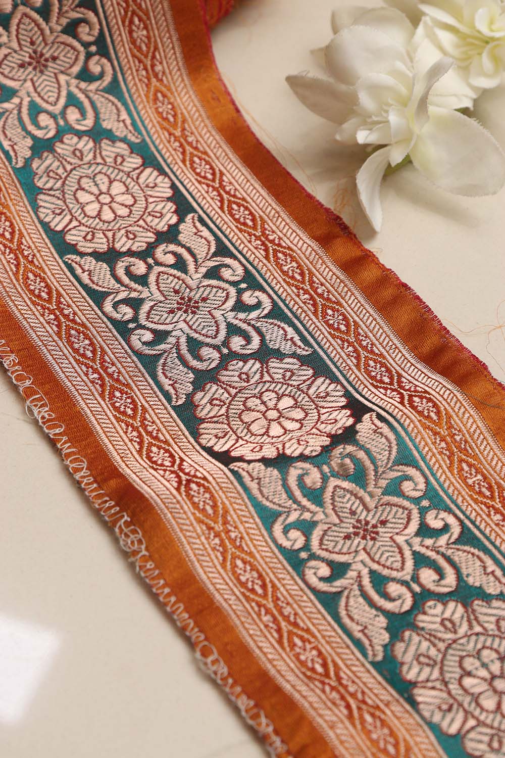 Orange Banarasi Handloom Vintage Pure Silk Border Lace ( 1 Mtr ) - Luxurion World