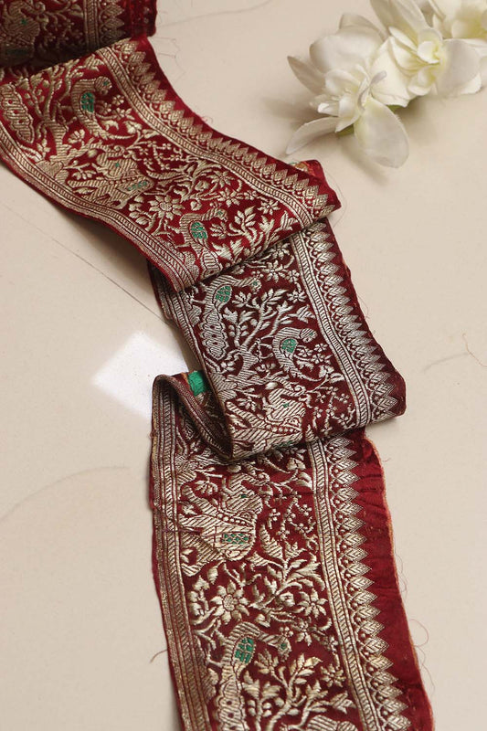 Red Banarasi Handloom Vintage Pure Silk Border Lace ( 1 Mtr ) - Luxurion World