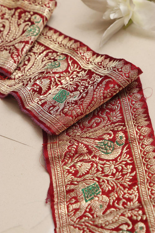 Red Banarasi Handloom Vintage Pure Silk Border Lace ( 1 Mtr ) - Luxurion World