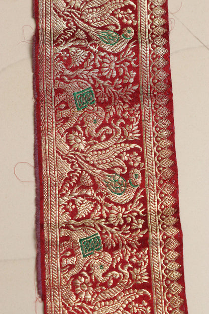 Red Banarasi Handloom Vintage Pure Silk Border Lace ( 1 Mtr ) - Luxurion World