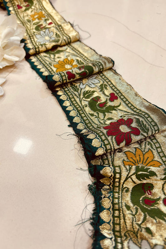 Green Banarasi Handloom Vintage Pure Silk Border Lace ( 1 Mtr ) - Luxurion World