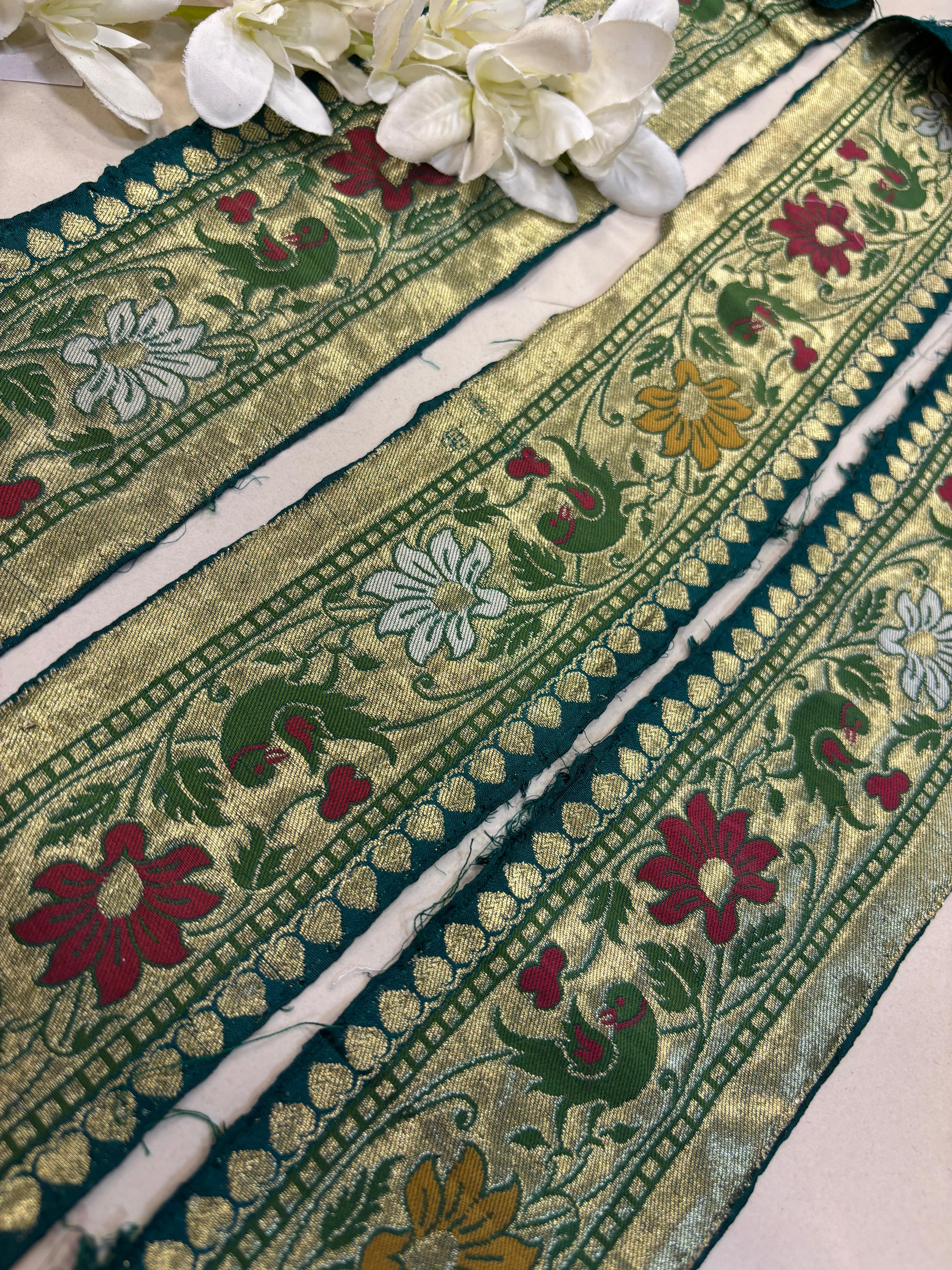 Green Banarasi Handloom Vintage Pure Silk Border Lace ( 1 Mtr ) - Luxurion World