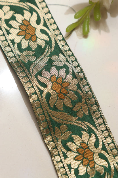 Green Banarasi Handloom Vintage Pure Silk Border Lace ( 1 Mtr ) - Luxurion World