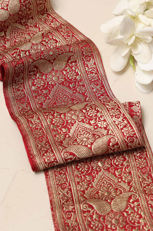 Red Banarasi Handloom Vintage Pure Silk Border Lace - Luxurion World
