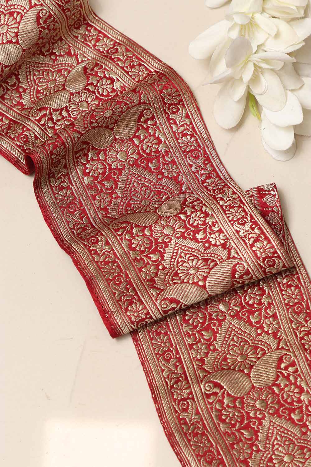 Red Banarasi Handloom Vintage Pure Silk Border Lace - Luxurion World