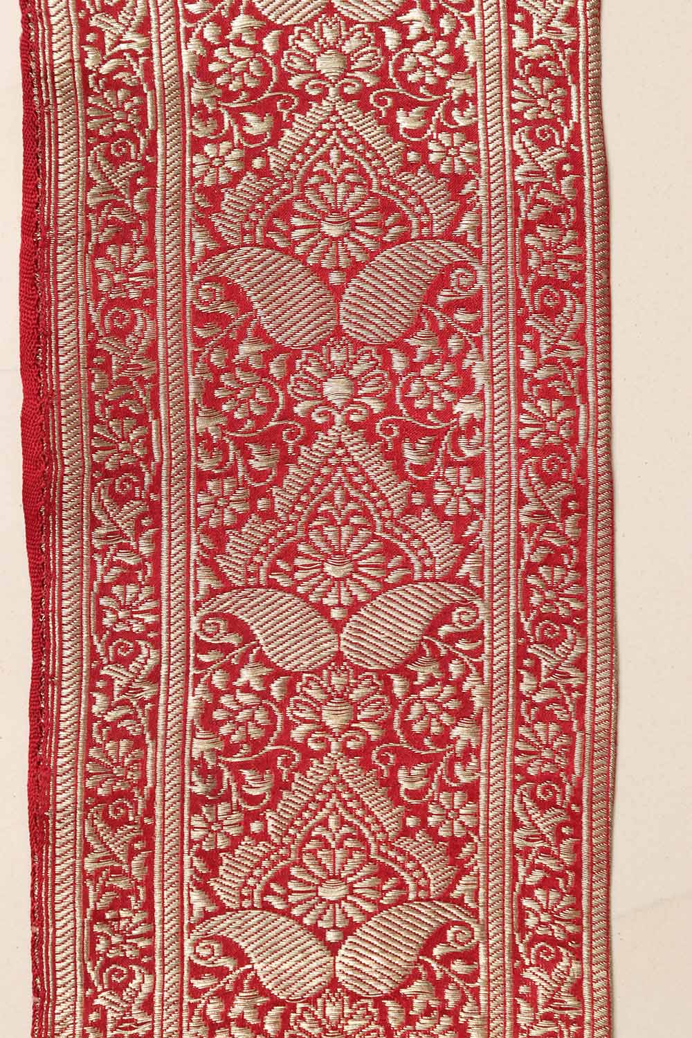Red Banarasi Handloom Vintage Pure Silk Border Lace - Luxurion World