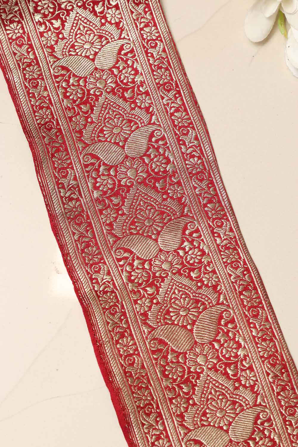 Red Banarasi Handloom Vintage Pure Silk Border Lace - Luxurion World