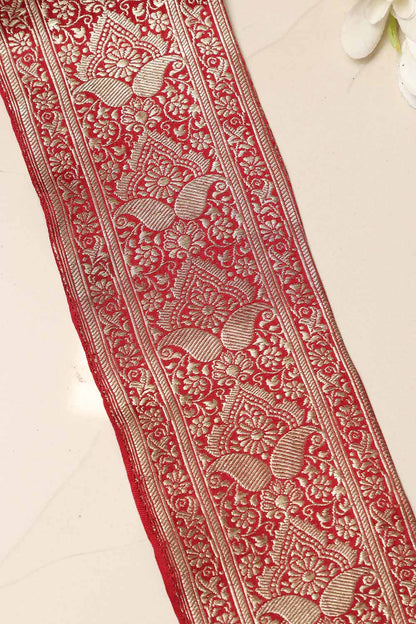 Red Banarasi Handloom Vintage Pure Silk Border Lace - Luxurion World