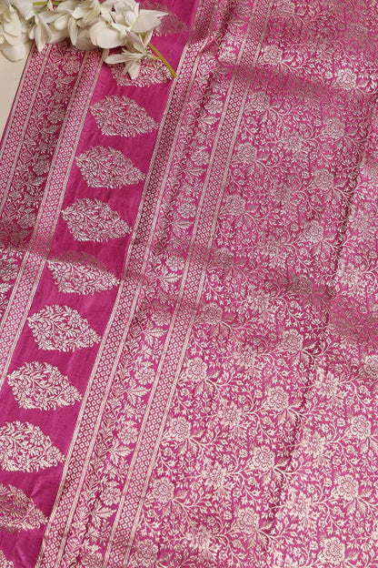 Pink Banarasi Handloom Vintage Pure Silk Border Lace - Luxurion World