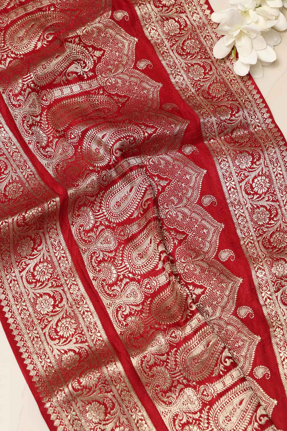 Red Banarasi Handloom Vintage Pure Silk Border Lace - Luxurion World