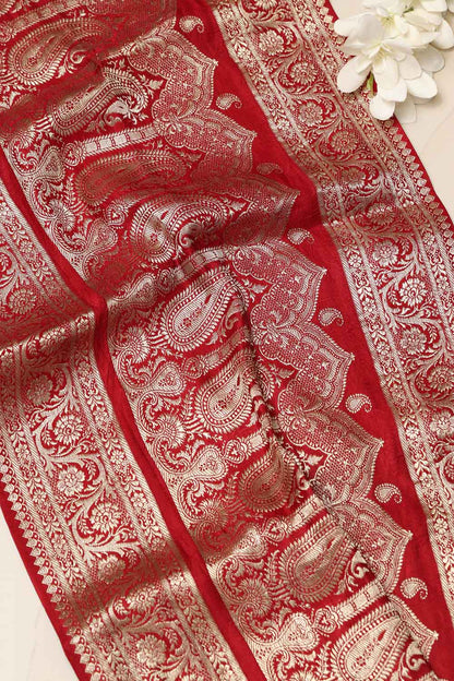 Red Banarasi Handloom Vintage Pure Silk Border Lace - Luxurion World