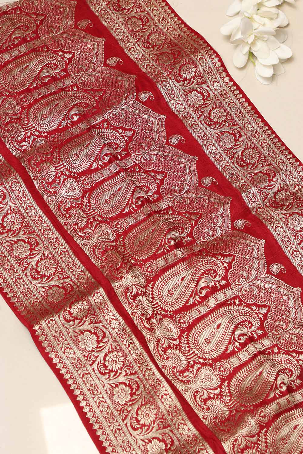 Red Banarasi Handloom Vintage Pure Silk Border Lace - Luxurion World