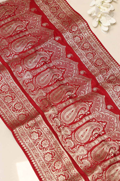 Red Banarasi Handloom Vintage Pure Silk Border Lace - Luxurion World
