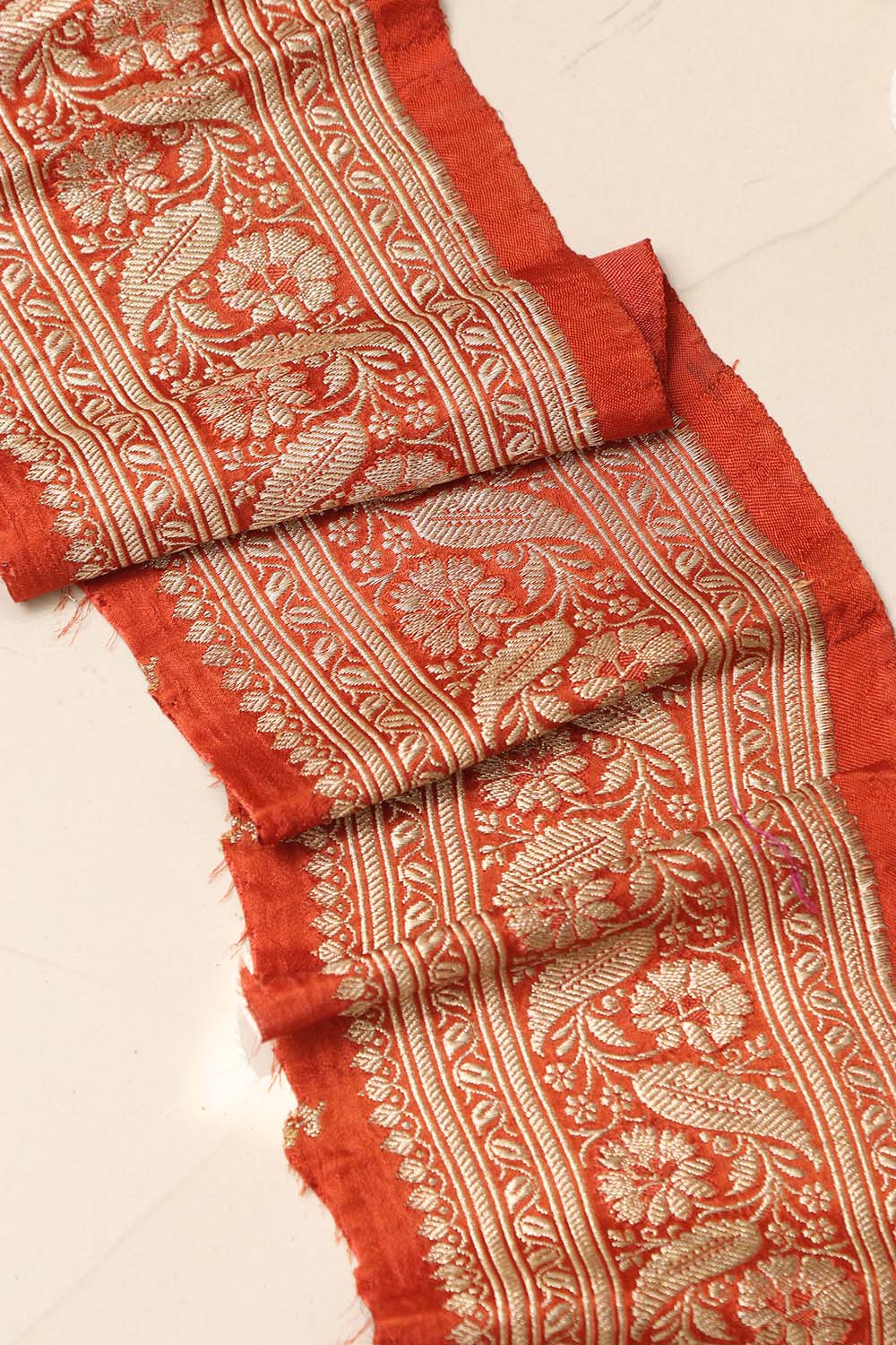 Orange Banarasi Handloom Vintage Pure Silk Border Lace - Luxurion World