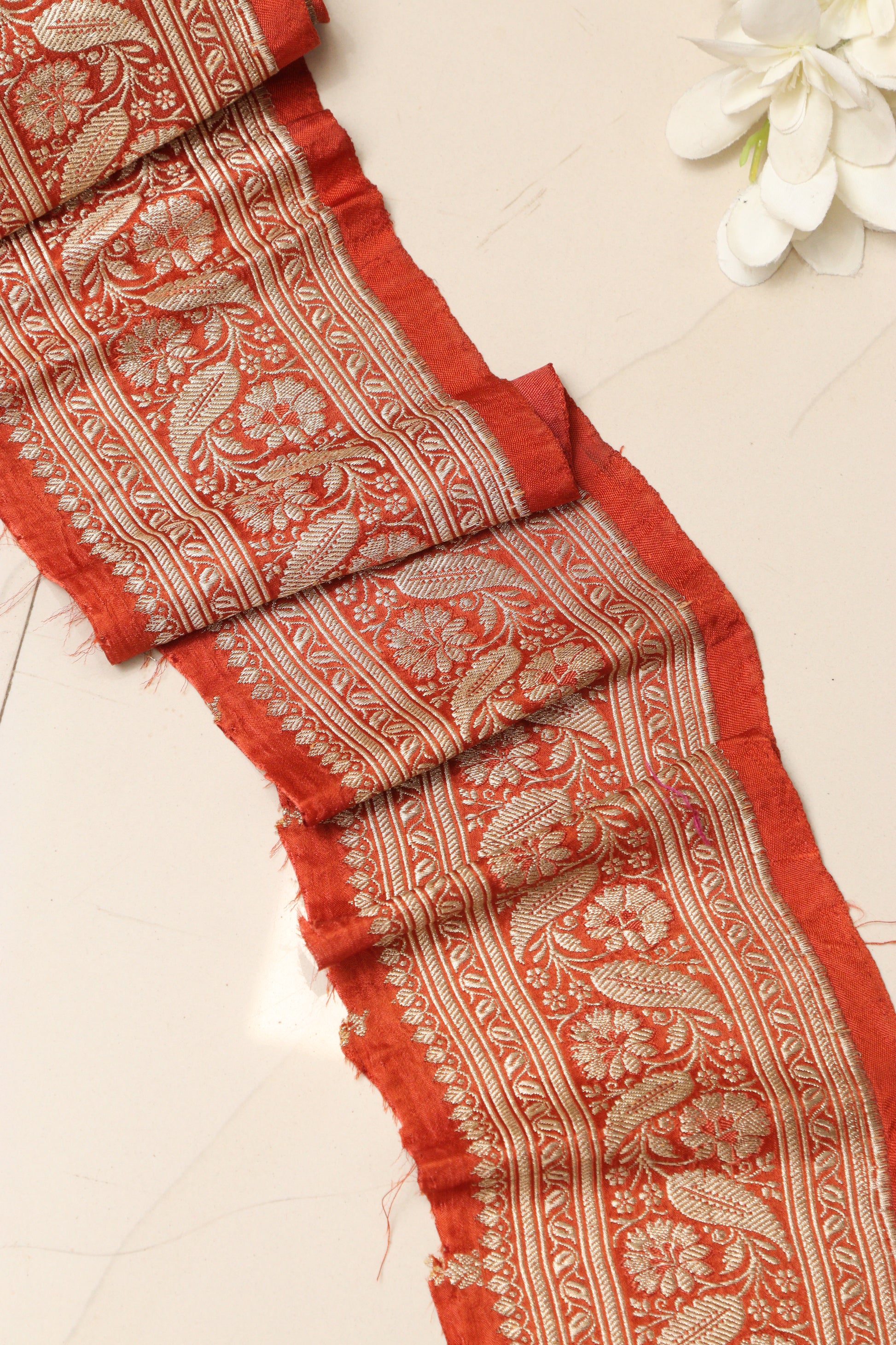 Orange Banarasi Handloom Vintage Pure Silk Border Lace - Luxurion World