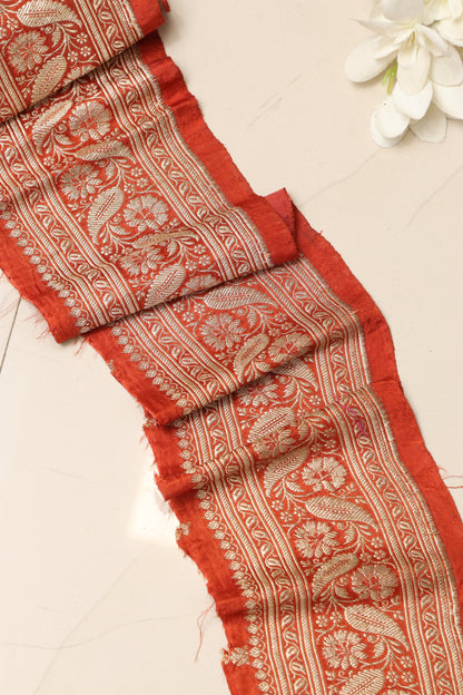 Orange Banarasi Handloom Vintage Pure Silk Border Lace - Luxurion World