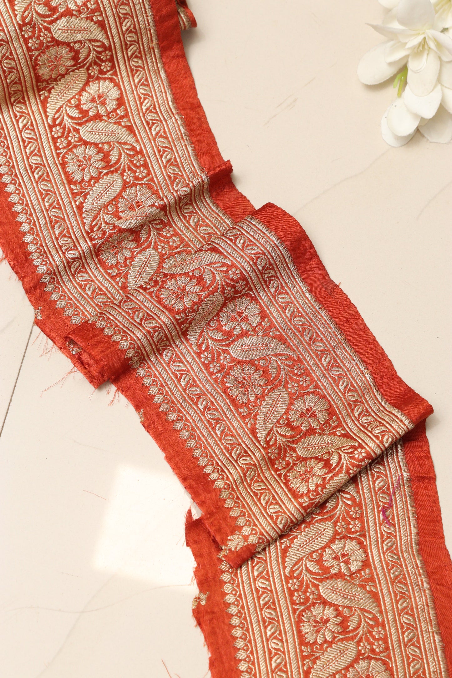 Orange Banarasi Handloom Vintage Pure Silk Border Lace - Luxurion World