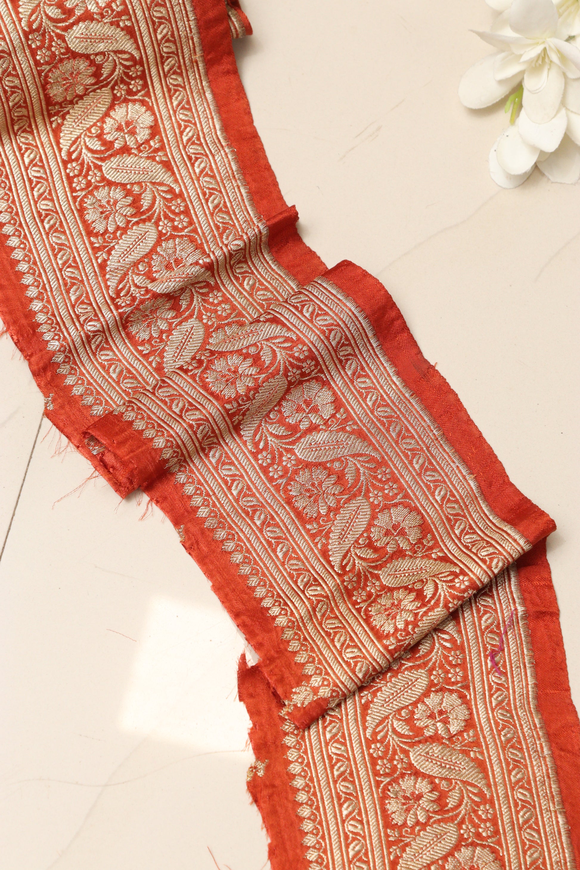 Orange Banarasi Handloom Vintage Pure Silk Border Lace - Luxurion World