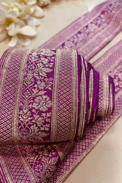 Pink Banarasi Handloom Vintage Pure Silk Border Lace - Luxurion World