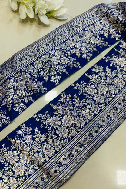 Blue Banarasi Handloom Vintage Pure Silk Border Lace - Luxurion World