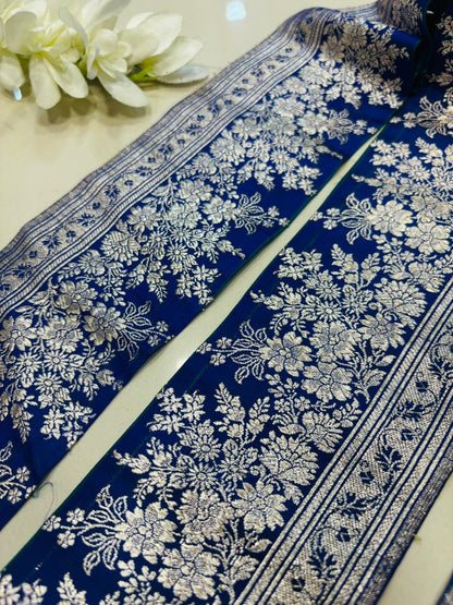 Blue Banarasi Handloom Vintage Pure Silk Border Lace - Luxurion World
