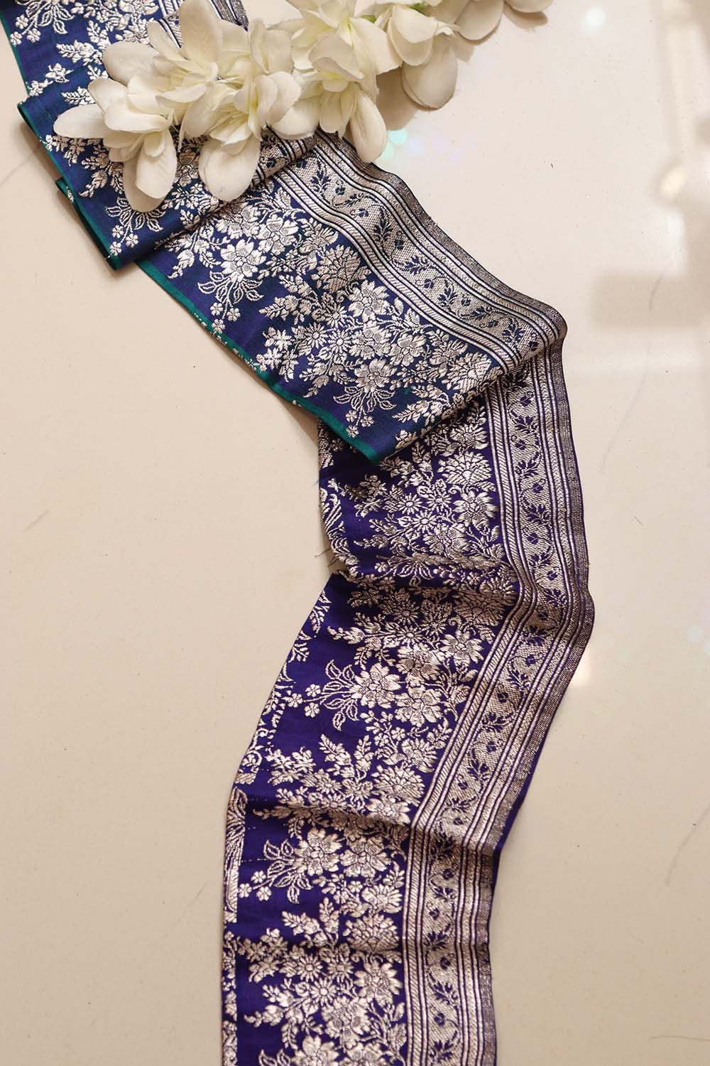 Blue Banarasi Handloom Vintage Pure Silk Border Lace - Luxurion World