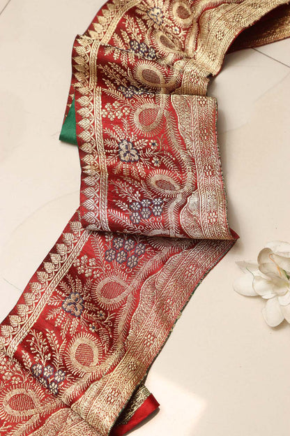 Red Banarasi Handloom Vintage Pure Silk Border Lace ( 1 Mtr ) - Luxurion World