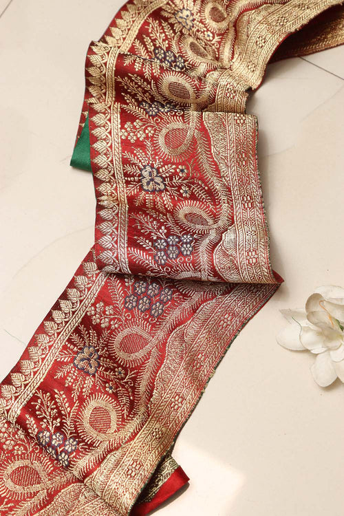 Red Banarasi Handloom Vintage Pure Silk Border Lace ( 1 Mtr ) - Luxurion World